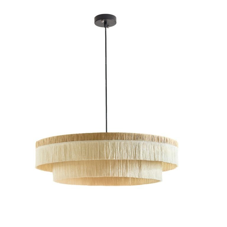 Double-layer fringe woven rattan chandelier – boho natural style ceiling light with black suspension cord