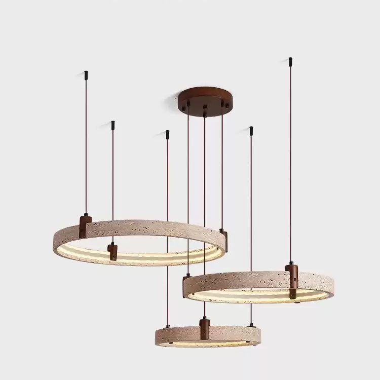 Travertine Ring Chandelier - Modern Rustic Natural Yellow Cave Stone Multi-Ring Pendant Light for Dining Room, Kitchen Island Ceiling Lighting