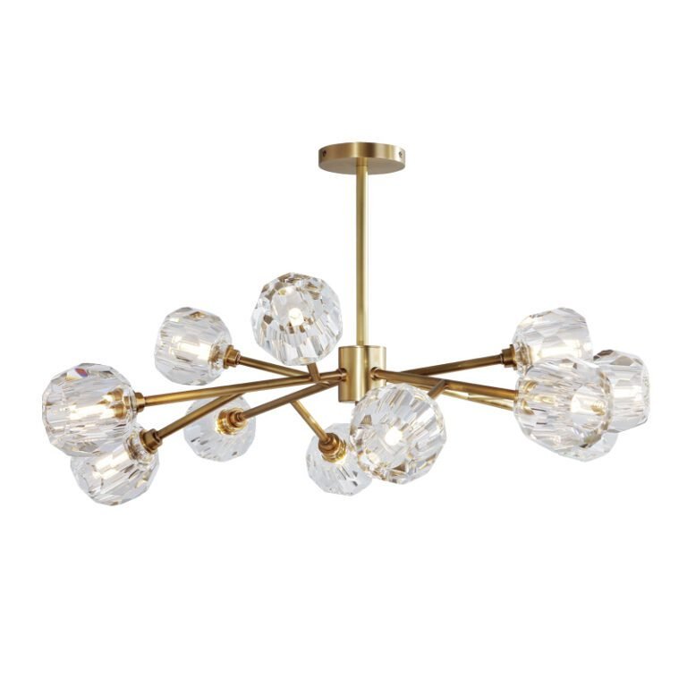 Brass & Crystal Chandelier - Modern Luxury Sputnik Pendant Light with Faceted Crystals, Ideal for Living Room and Dining Room Decor