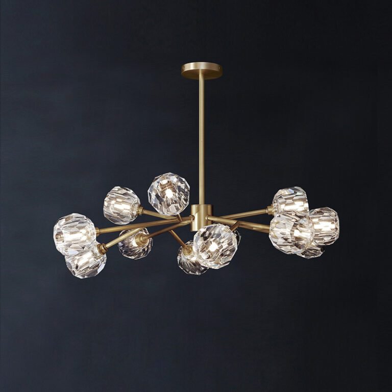 Brass & Crystal Chandelier - Modern Luxury Sputnik Pendant Light with Faceted Crystals, Ideal for Living Room and Dining Room Decor