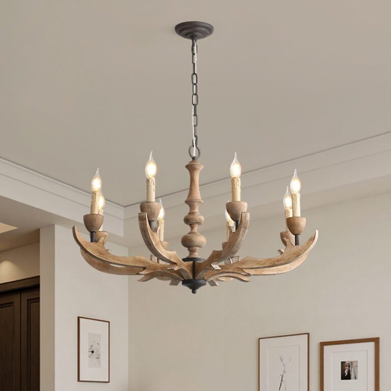 Rustic handcrafted wood candle chandelier – branch-style frame with candle bulbs, farmhouse ceiling light