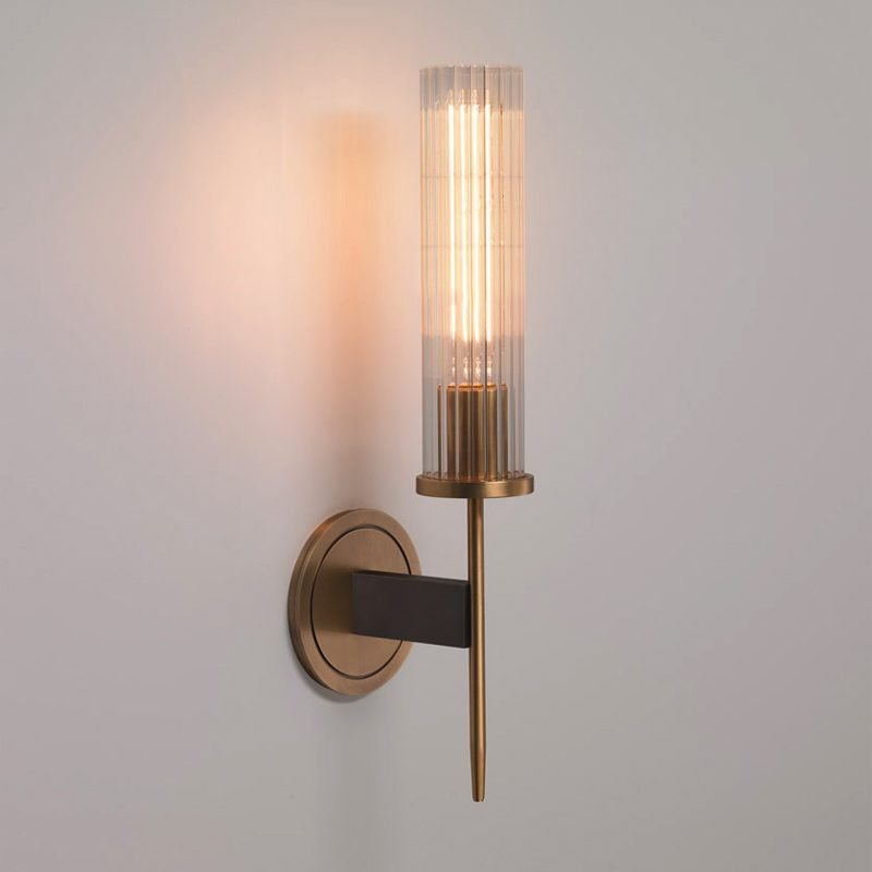 Ribbed Glass & Brass Wall Sconce - Modern Industrial Wall Light with Textured Glass Tubes, Perfect for Bathroom Vanity and Hallway Decor
