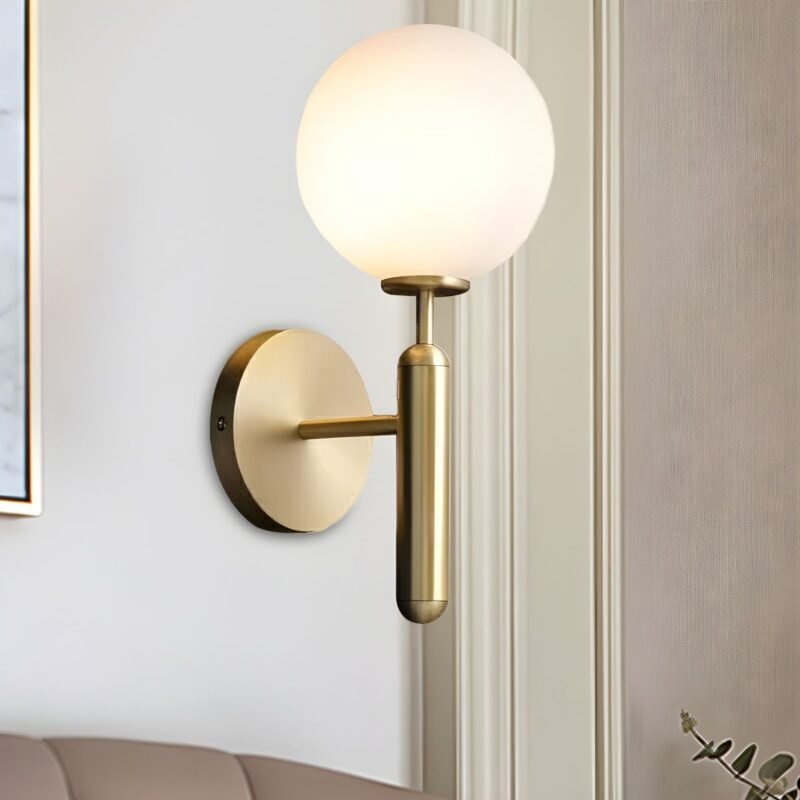 Modern Gold Globe Wall Sconce, Brass Wall Light with Frosted Glass Sphere, Mid-Century Modern Wall Fixture for Bedroom, Bathroom, Hallway, Living Room - Image 6
