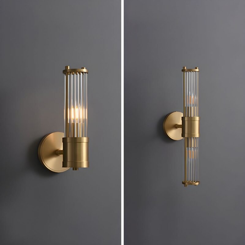 Modern Gold Wall Sconce, Double-Light Brass Wall Light with Clear Glass Tubes, Mid-Century Wall Fixture for Bedroom, Living Room, Bathroom, Hallway - Image 2
