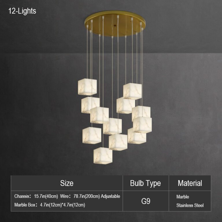 Luxury spiral alabaster cube pendant chandelier with natural marble shades, hanging in a room with dark walls, ideal for vaulted ceilings, villas and grand living spaces