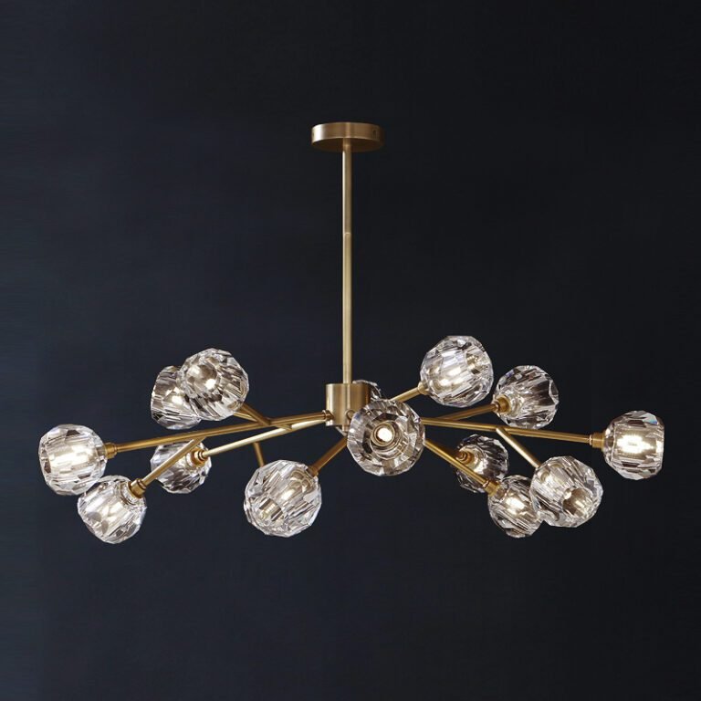 Brass & Crystal Chandelier - Modern Luxury Sputnik Pendant Light with Faceted Crystals, Ideal for Living Room and Dining Room Decor