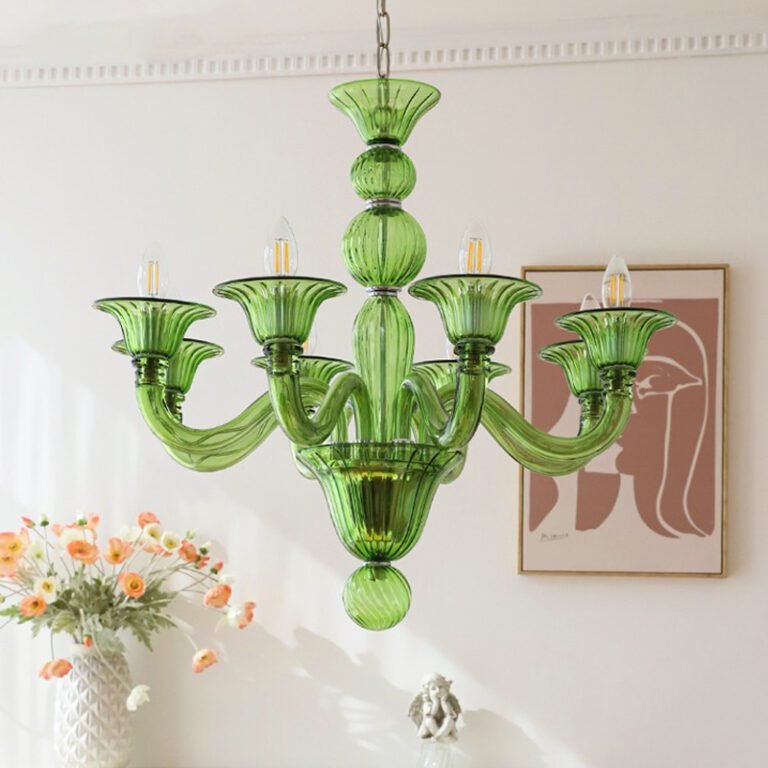 Vintage green glass chandelier with Murano style design, hanging in a room with art and arched wall, ideal for living room and dining room decor