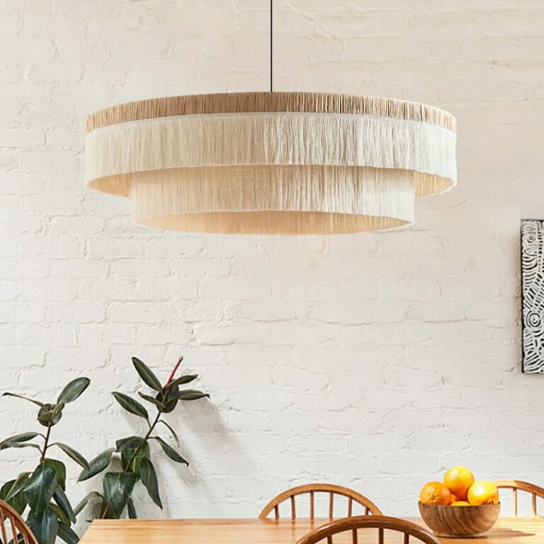 Double-layer fringe woven rattan chandelier – boho natural style ceiling light with black suspension cord