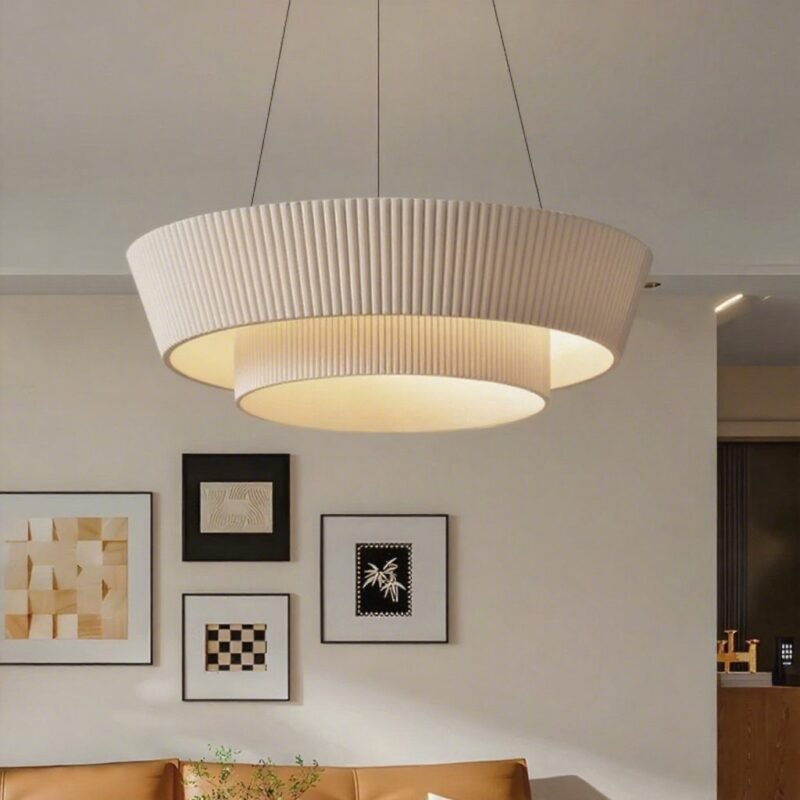 Ribbed Fabric Chandelier - Modern Minimalist Double-Layer Pendant Light, Ideal for Living Room & Dining Room Decor