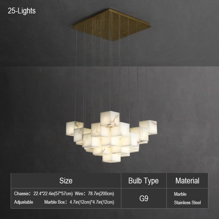 Luxury spiral alabaster cube pendant chandelier with natural marble shades, hanging in a room with dark walls, ideal for vaulted ceilings, villas and grand living spaces