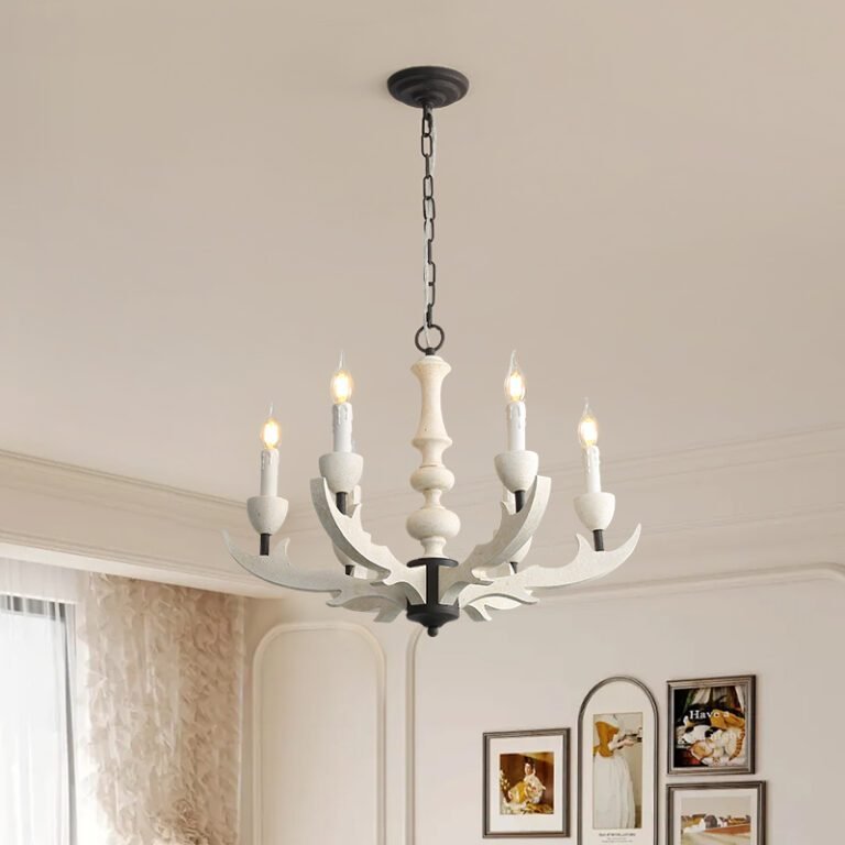 Rustic handcrafted wood candle chandelier – branch-style frame with candle bulbs, farmhouse ceiling light