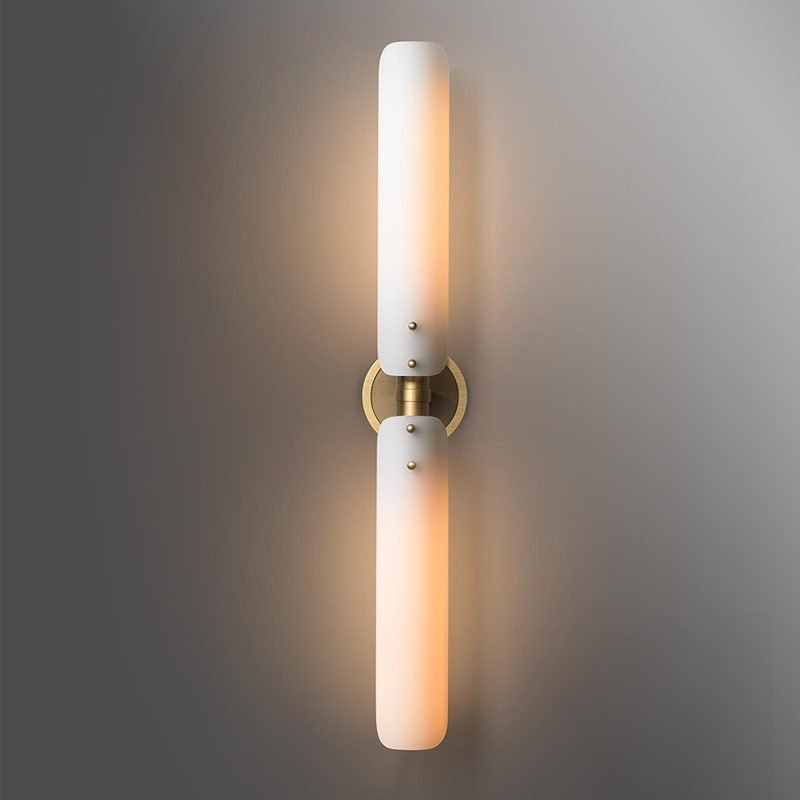 Modern Minimalist Brass & Frosted Glass Wall Sconce - Double Light Fixture for Bathroom Vanity and Bedroom Decor