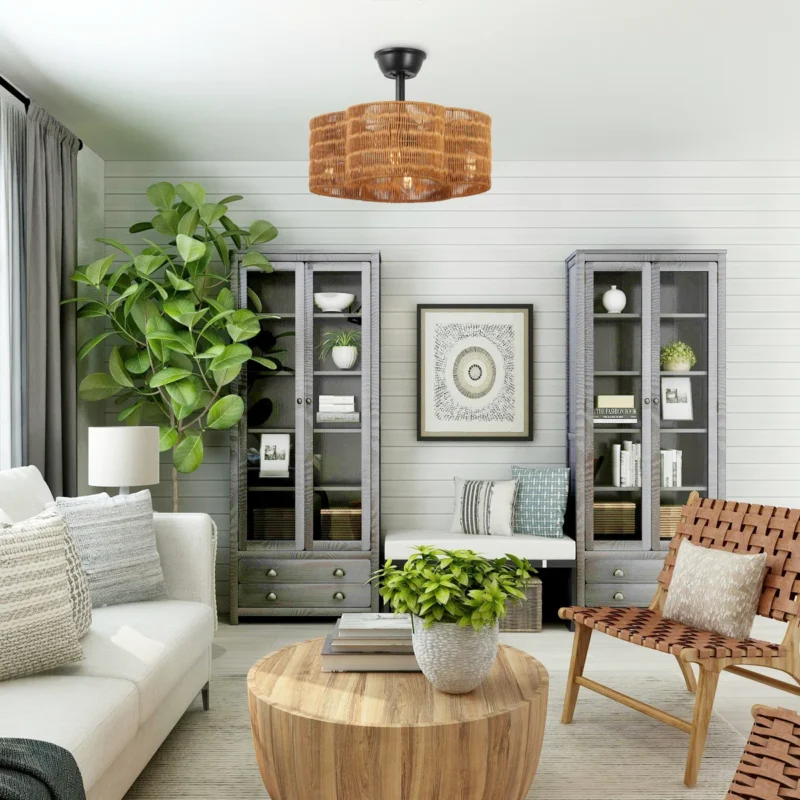Farmhouse Rattan Ceiling Fan with Light - Rustic Woven Pendant Light Fan, Ideal for Living Room, Bedroom, and Patio Farmhouse/Rustic Decor