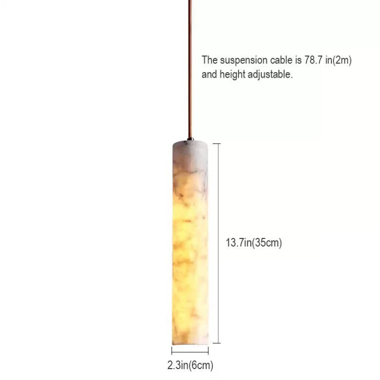 modern cylindrical marble pendant light with warm illumination, showcasing natural marble texture, hanging against a light-colored wall for elegant home decor