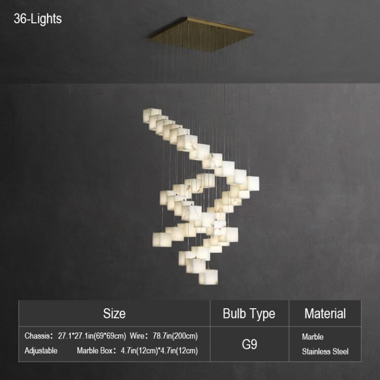 Luxury spiral alabaster cube pendant chandelier with natural marble shades, hanging in a room with dark walls, ideal for vaulted ceilings, villas and grand living spaces