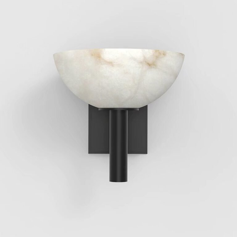 Half-sphere natural onyx wall sconce with matte brass mounting frame – modern luxury decorative wall light