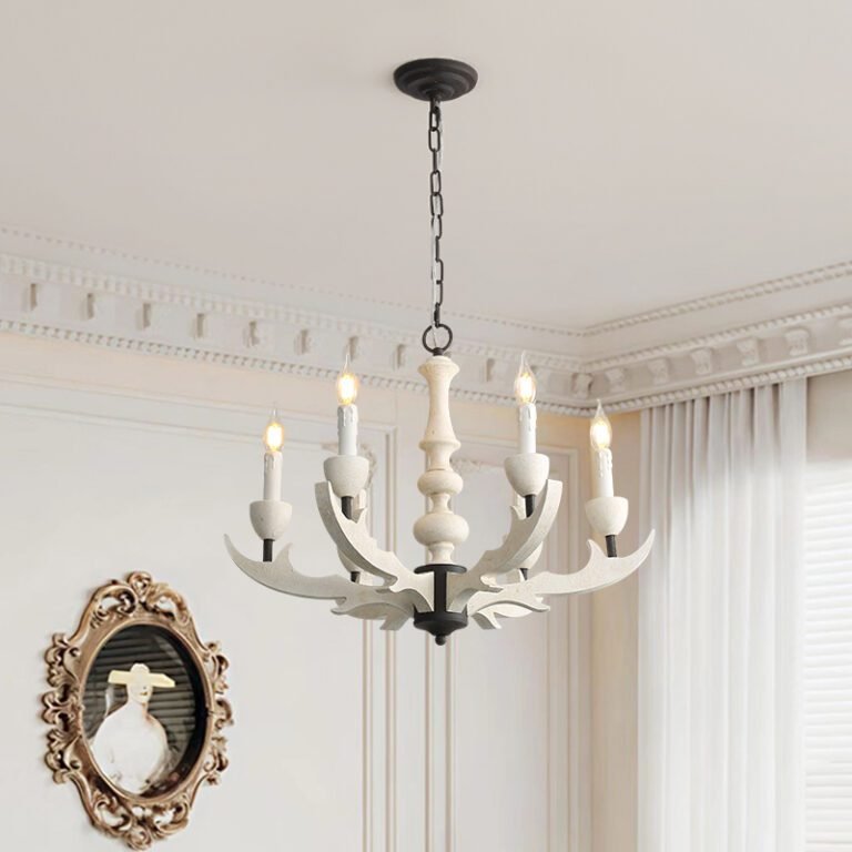 Rustic handcrafted wood candle chandelier – branch-style frame with candle bulbs, farmhouse ceiling light