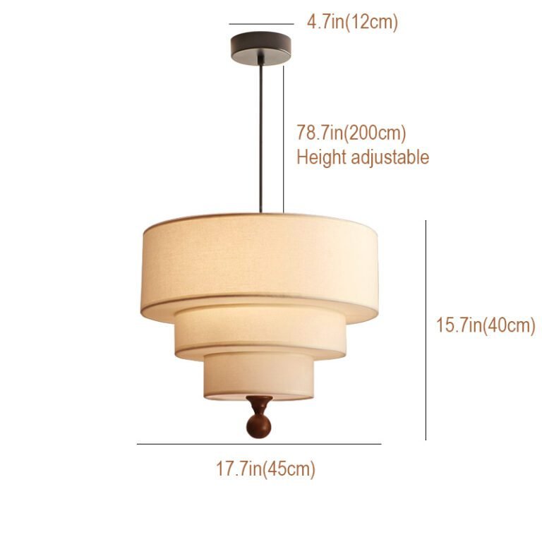 Retro modern multi-layer linen drum pendant light with green and beige fabric shades, hanging in a room with an arched window and abstract art, ideal for living room and dining room decor