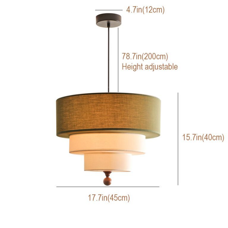 Retro modern multi-layer linen drum pendant light with green and beige fabric shades, hanging in a room with an arched window and abstract art, ideal for living room and dining room decor