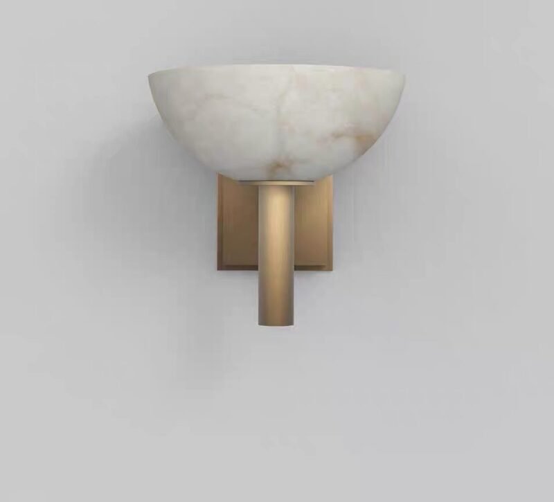 Half-sphere natural onyx wall sconce with matte brass mounting frame – modern luxury decorative wall light