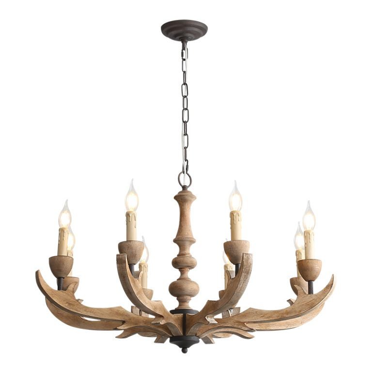 Rustic handcrafted wood candle chandelier – branch-style frame with candle bulbs, farmhouse ceiling light