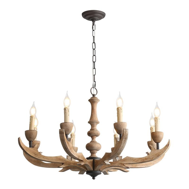 Rustic handcrafted wood candle chandelier – branch-style frame with candle bulbs, farmhouse ceiling light