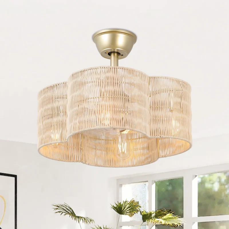 Boho Rattan Ceiling Fan with Light - Natural Woven Pendant Light Fan, Ideal for Bedroom, Living Room, and Balcony Boho/Natural Decor