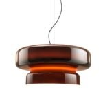 Retro modern amber glass pendant light with brown glass shade, hanging against a white background, ideal for living room and dining room decor