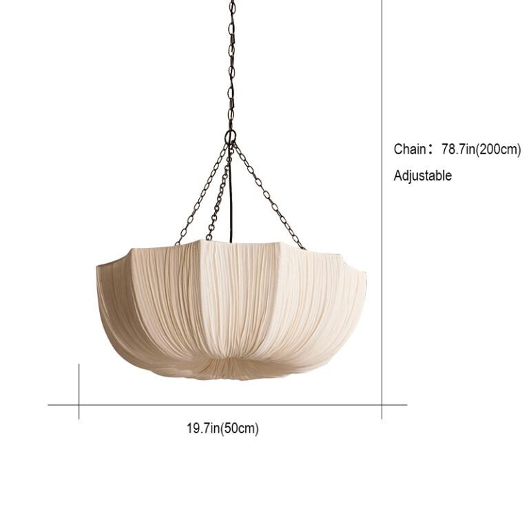 Modern retro pleated fabric pendant chandelier in cream, hanging with black chains against a neutral wall, ideal for living room and dining room decor