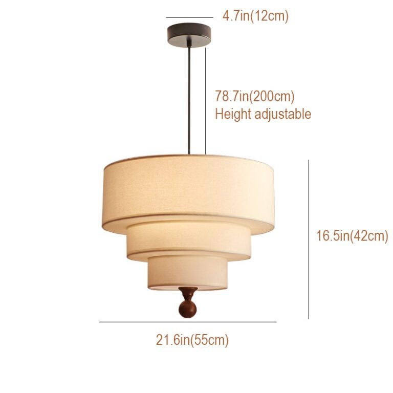 Retro modern multi-layer linen drum pendant light with green and beige fabric shades, hanging in a room with an arched window and abstract art, ideal for living room and dining room decor