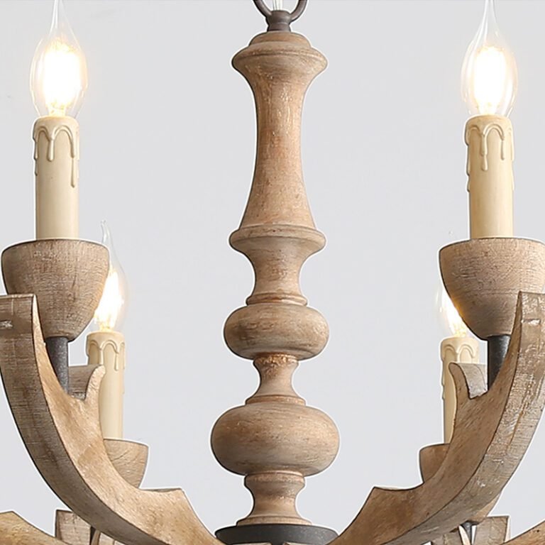 Rustic handcrafted wood candle chandelier – branch-style frame with candle bulbs, farmhouse ceiling light