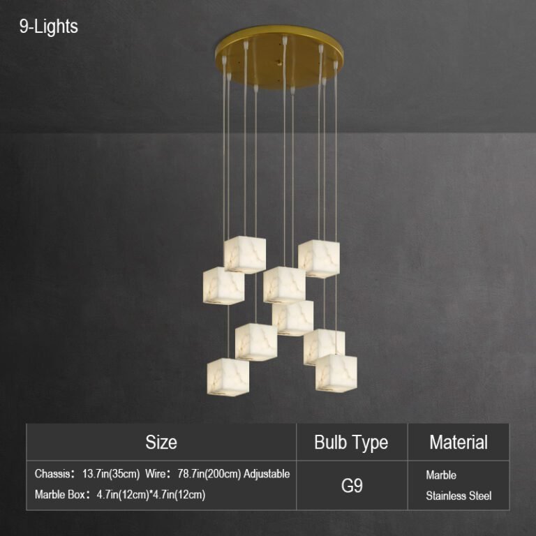 Luxury spiral alabaster cube pendant chandelier with natural marble shades, hanging in a room with dark walls, ideal for vaulted ceilings, villas and grand living spaces