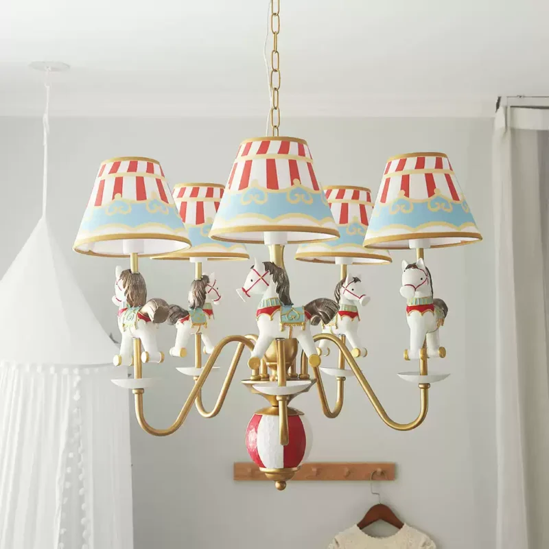 Carousel Chandelier for Kids Room - Colorful Circus Horse Pendant Light with Striped Lampshades, Perfect for Children's Bedroom & Playroom Decor