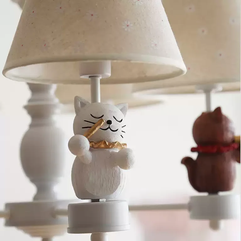 Kids Cat Chandelier Close-Up - Resin Cat Figures & Fabric Shade Detail