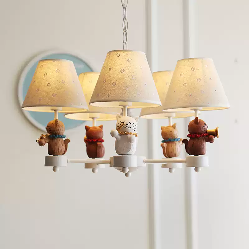 Kids Cat Chandelier - Cartoon Resin Cat Design with Fabric Shades for Children's Room Main Image