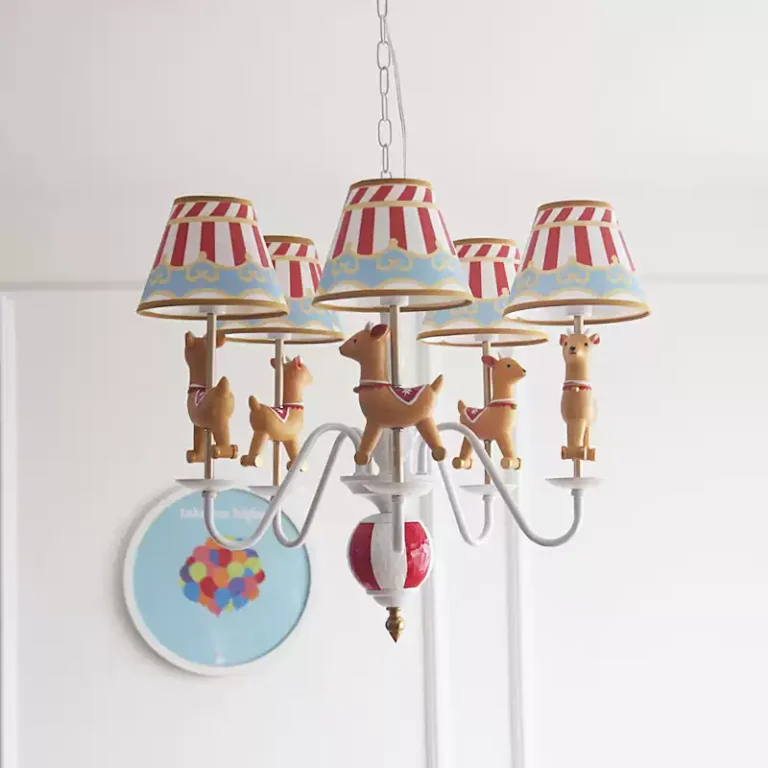 Carousel Chandelier for Kids Room - Colorful Circus Horse Pendant Light with Striped Lampshades, Perfect for Children's Bedroom & Playroom Decor