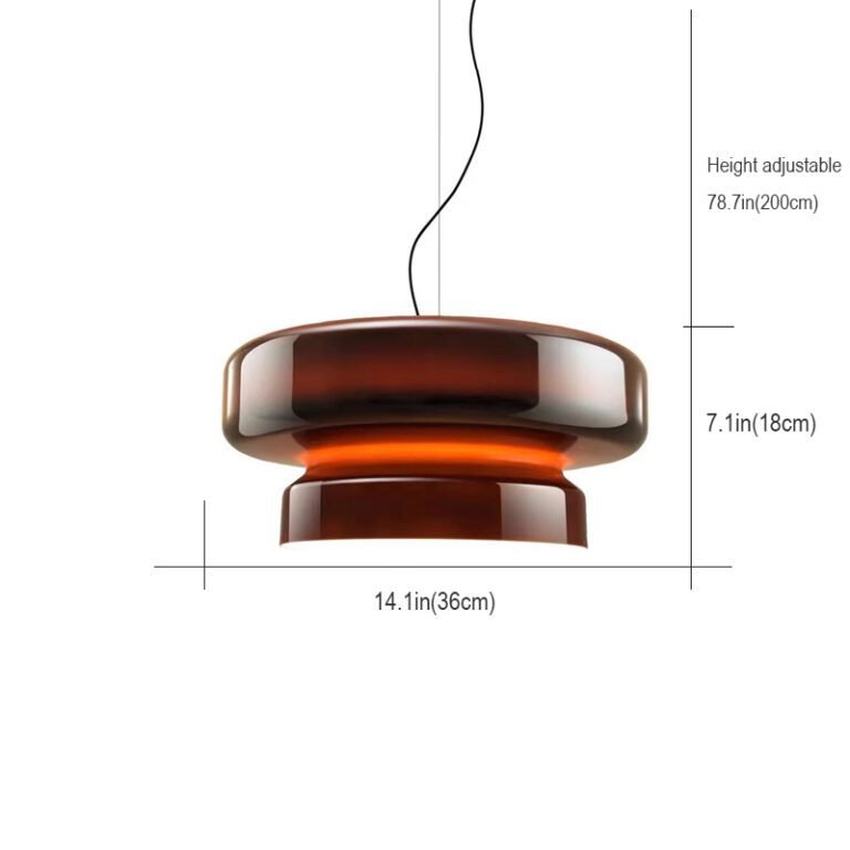 Retro modern amber glass pendant light with brown glass shade, hanging against a white background, ideal for living room and dining room decor