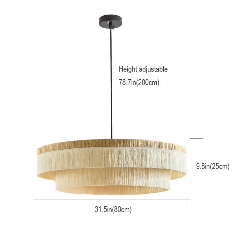 Double-layer fringe woven rattan chandelier – boho natural style ceiling light with black suspension cord