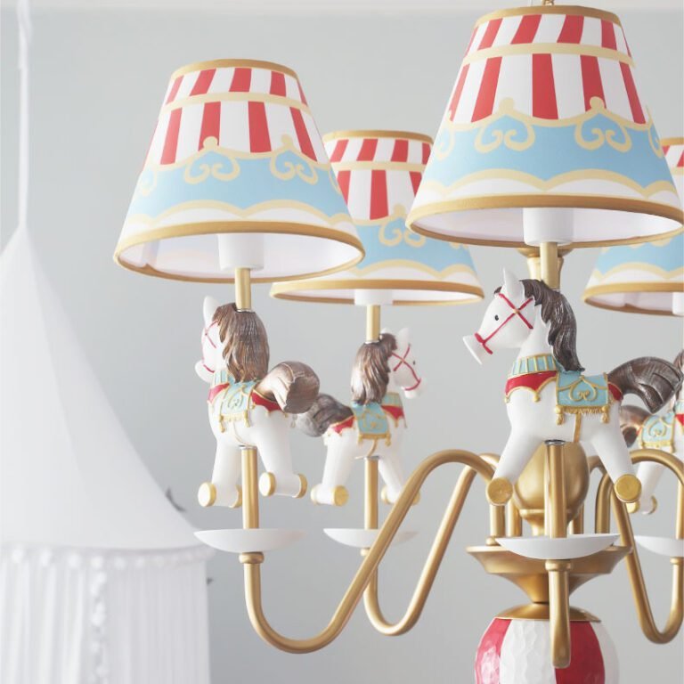Carousel Chandelier for Kids Room - Colorful Circus Horse Pendant Light with Striped Lampshades, Perfect for Children's Bedroom & Playroom Decor