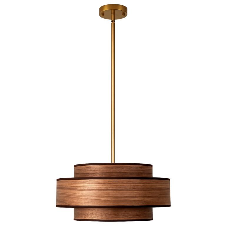Mid-Century Wood Veneer Pendant Light - Metal Accent Retro Chandelier Main Image