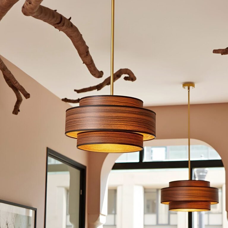 Mid-Century Wood Veneer Pendant Light in Dining Room - Retro Metal Wood Lighting for Home Decor