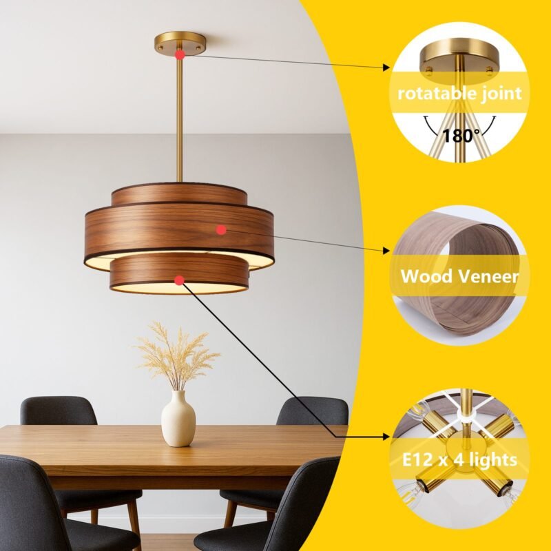 Mid-Century Wood Veneer Pendant Light Close-Up - Wood Veneer Texture & Metal Accent Detail