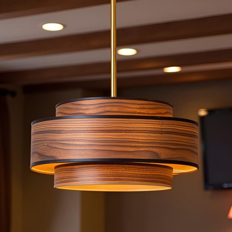 Mid-Century Wood Veneer Pendant Light in Dining Room - Retro Metal Wood Lighting for Home Decor
