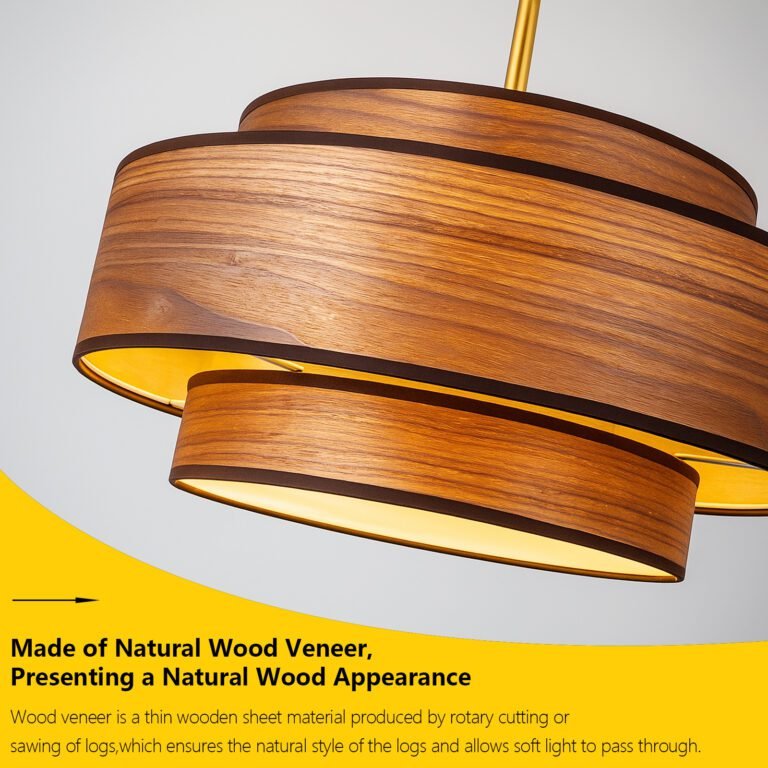 Mid-Century Wood Veneer Pendant Light Close-Up - Wood Veneer Texture & Metal Accent Detail