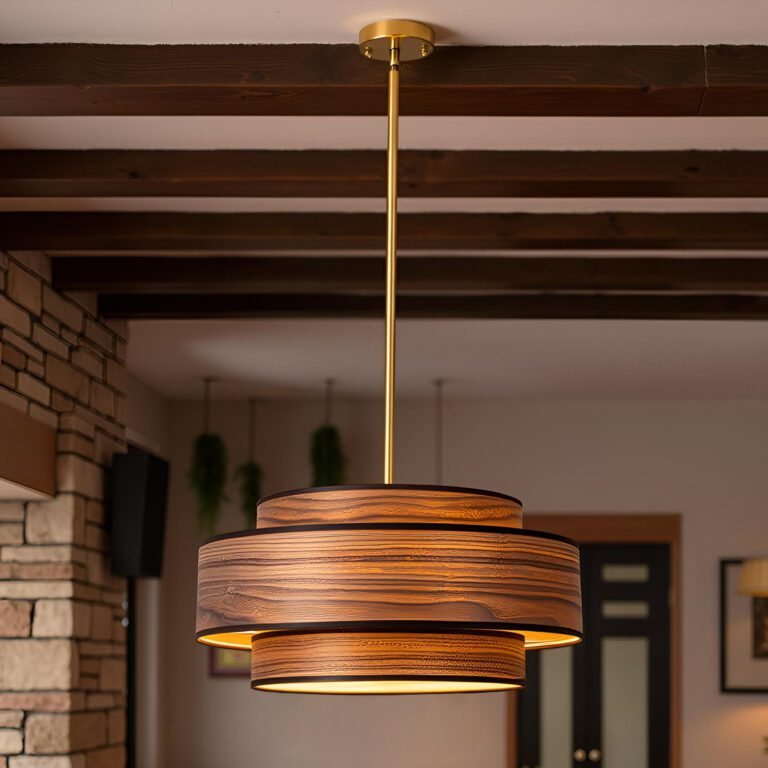 Mid-Century Wood Veneer Pendant Light in Dining Room - Retro Metal Wood Lighting for Home Decor