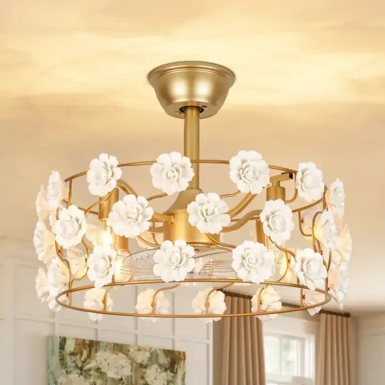 Gold & White Floral Ceiling Fan Light - French Romantic Fixture with Cooling & Illumination, Ideal for Bedroom Decor