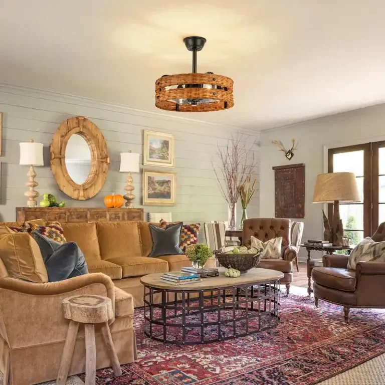 Double-Layer Rattan & Black Iron Ceiling Fan Light - Rustic Natural Fixture with Cooling & Illumination, Ideal for Living Room Decor