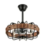 Rattan & Black Iron Ceiling Fan Light - Boho Industrial Fixture with Cooling & Illumination, Ideal for Living Room Decor
