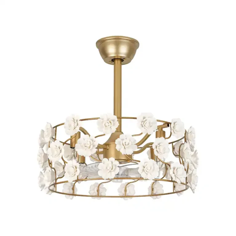 Gold & White Floral Ceiling Fan Light - French Romantic Fixture with Cooling & Illumination, Ideal for Bedroom Decor