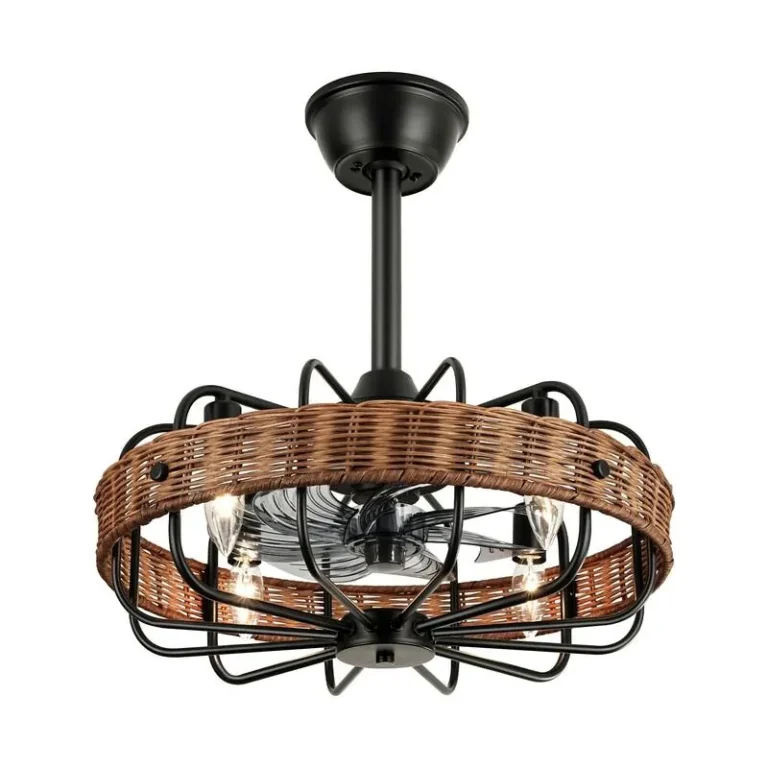 Rattan & Black Iron Ceiling Fan Light - Boho Industrial Fixture with Cooling & Illumination, Ideal for Living Room Decor